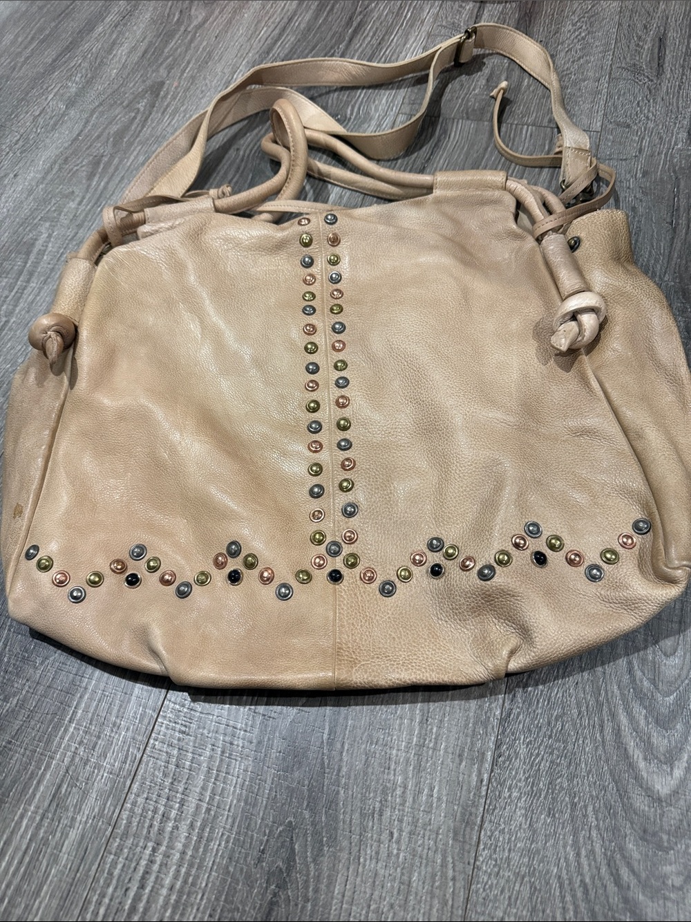 We The Free Beige Leather Shoulder Bag with Multicolor Studs